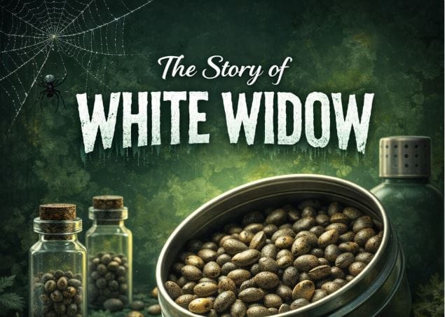 White Widow cannabis seeds displayed as collectible genetics