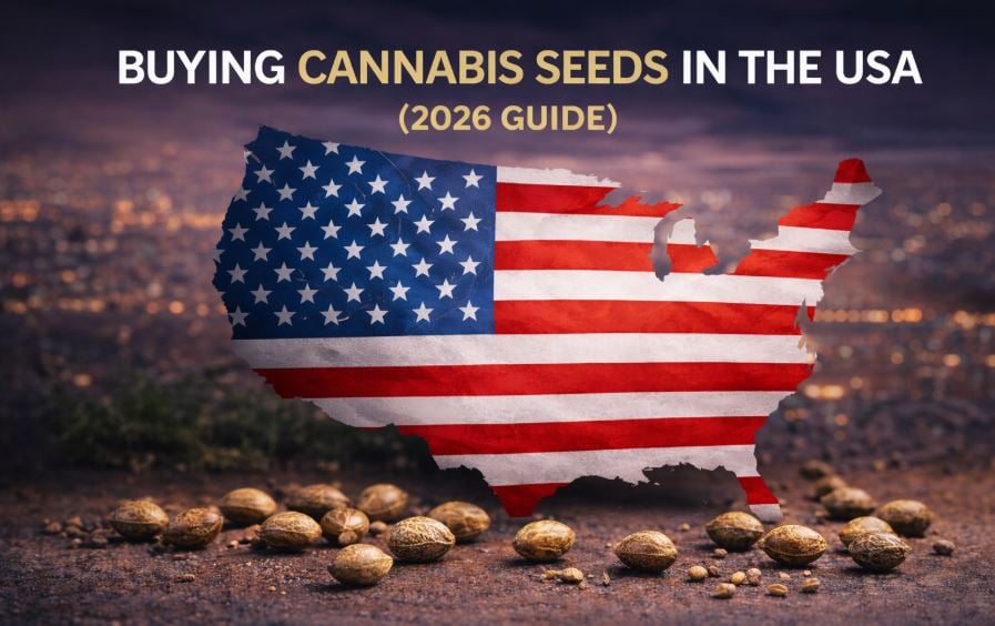 Hero banner showing cannabis seeds in the foreground with a USA map and American flag background for a 2026 cannabis seed buying guide.